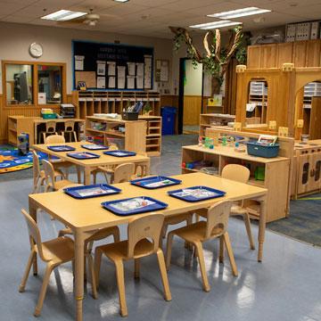 Pre-Kindergarten Classroom, showing different learning areas including manipulative, circle, and the sensory table. 